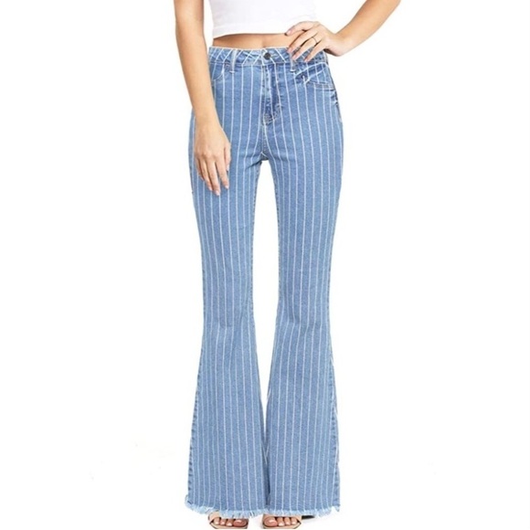 Cello Bell Bottom Jeans Flare Blue White Stripe Size 3 Denim - Picture 1 of 6
